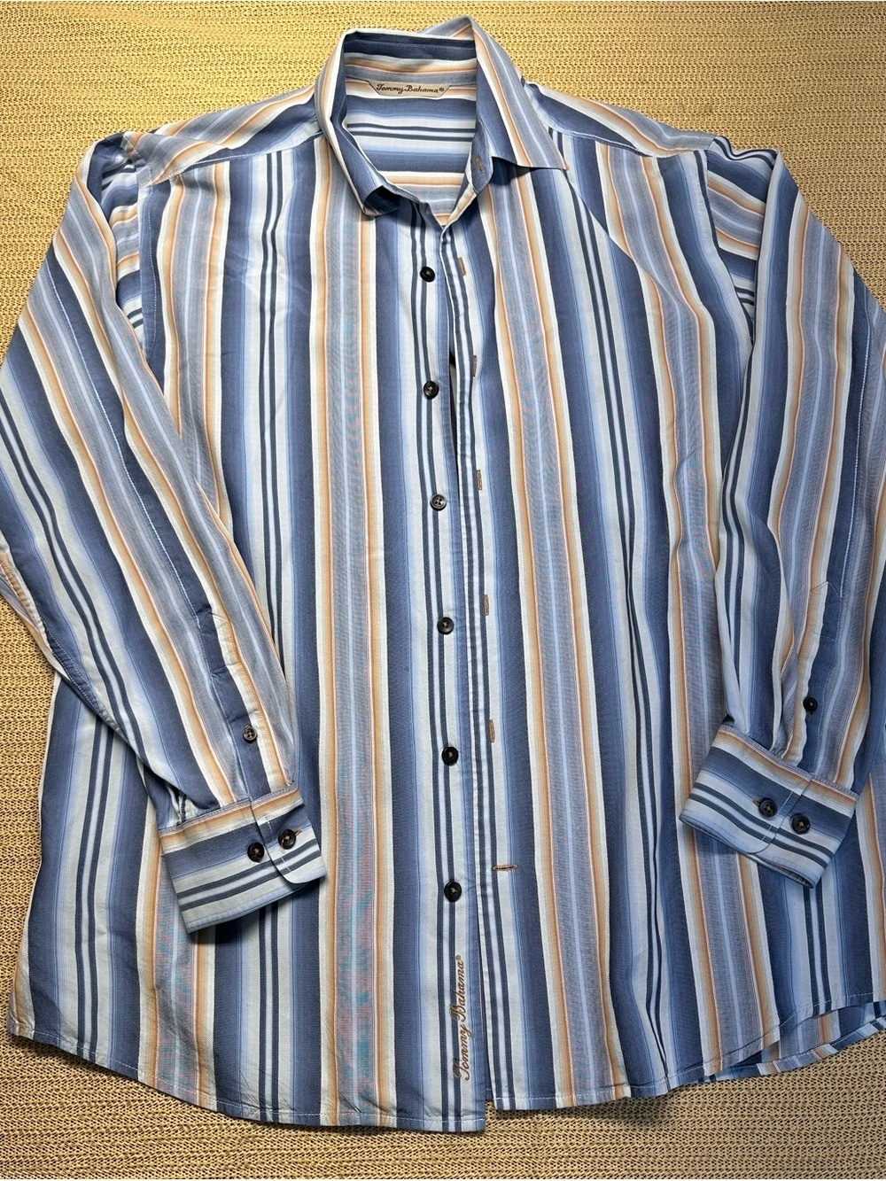 Tommy Bahama Blue, 100%Silk Cream & Tan Striped Button-Down Shirt